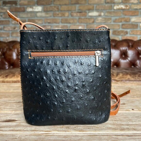 Vintage Genuine Ostrich Leather Borse in Pelle Crossbody Handbag Black Cognac - Picture 4 of 13